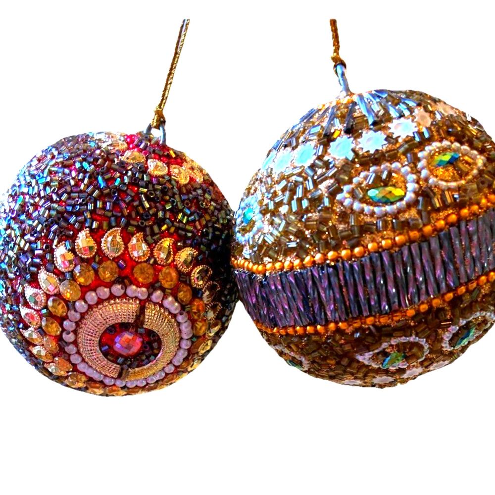 2 VTG Beaded Christmas Ornaments Jewels Balls Ornate Bling Sparkle Pier 1 Style